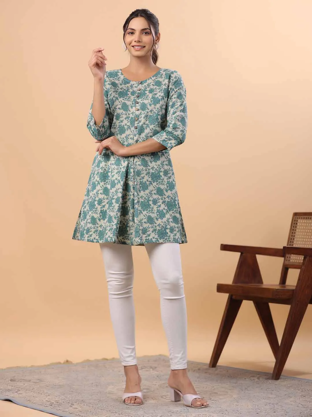 Sage Cotton Floral A-Line Tunic  - By Janasya