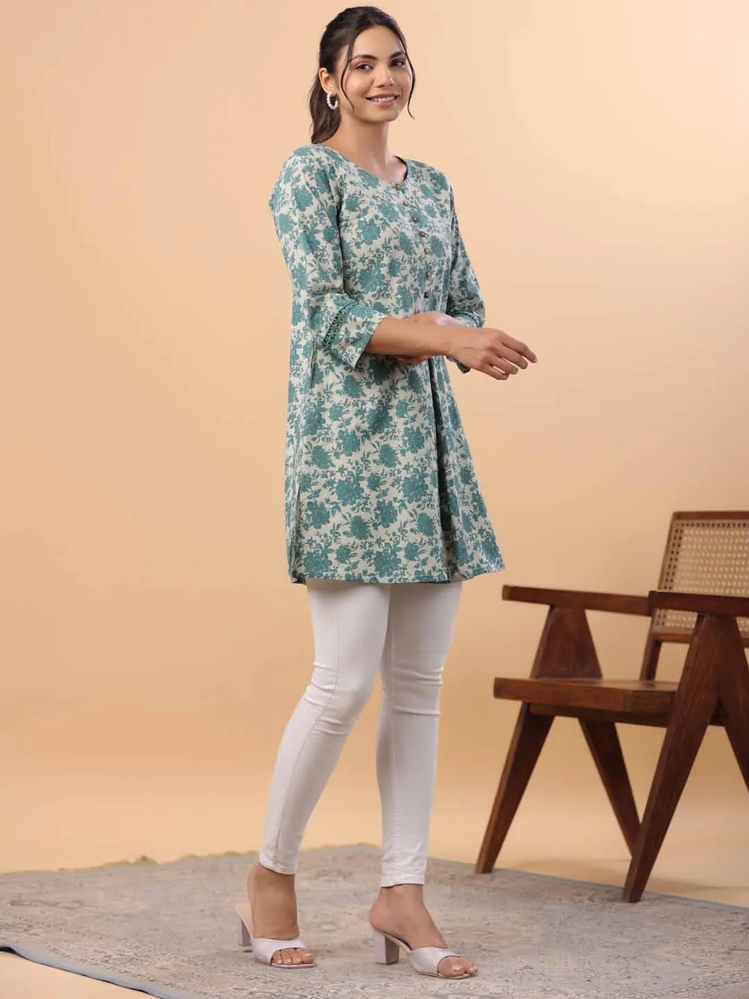 Sage Cotton Floral A-Line Tunic  - By Janasya