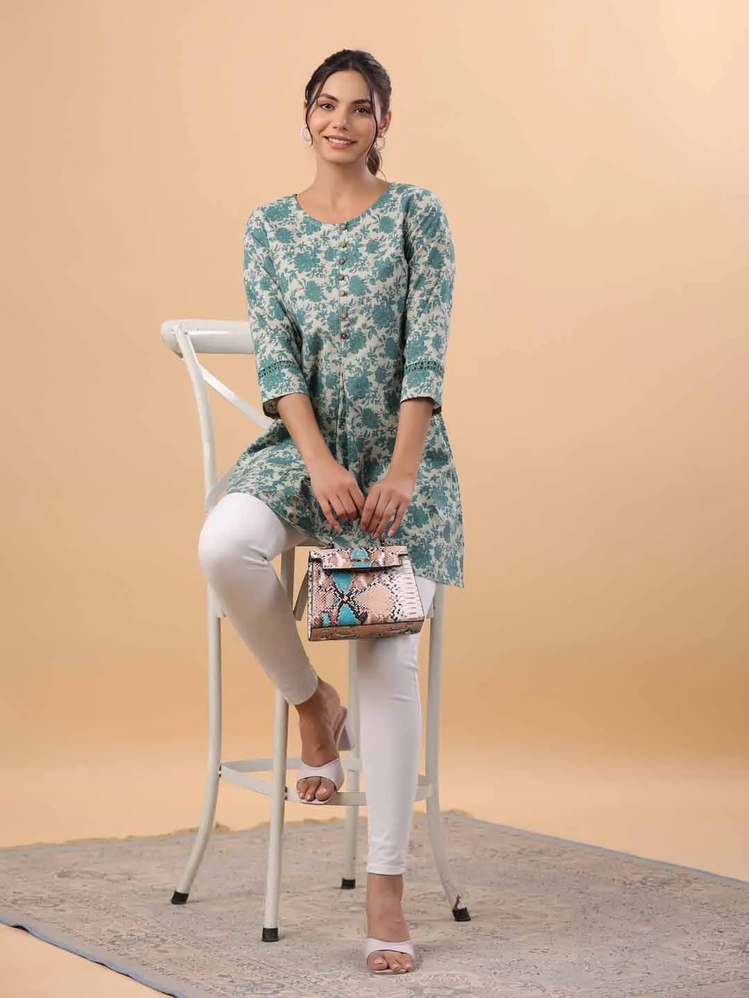 Sage Cotton Floral A-Line Tunic  - By Janasya