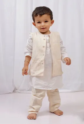 Set of 3: White Cotton Kurta and Pajama with Yellow Striped Nehru Jacket