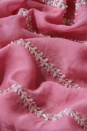 Silver Beads With Sequins Beautiful Stripes Handwork Embroidery On Thulian Pink Viscose Georgette Fabric