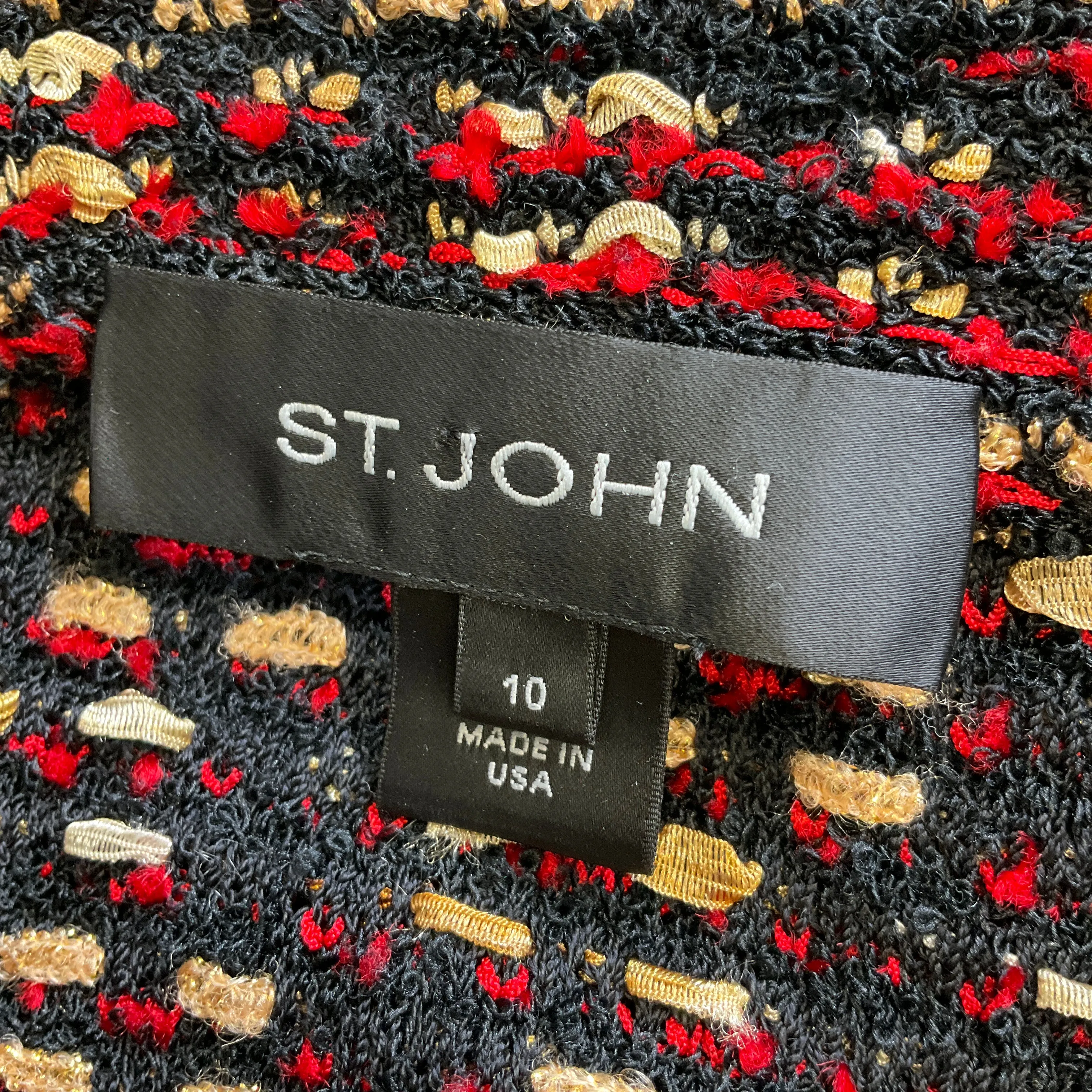 St. John Black / Red / Gold Metallic Boucle Tweed Jacket