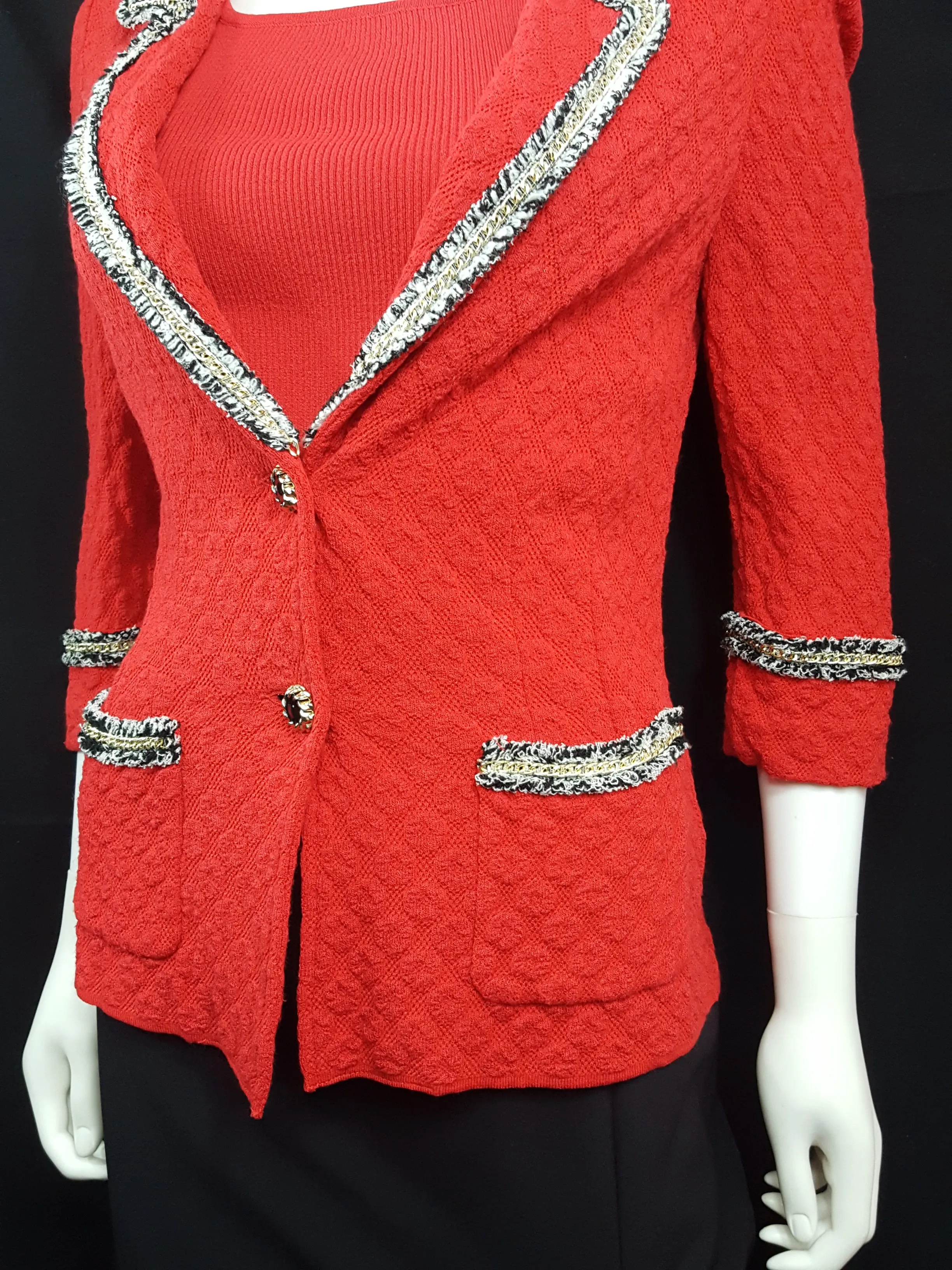 STIZZOLI Knit Pique Blazer Twin Set with Gold Chain Boucle Trimming Size