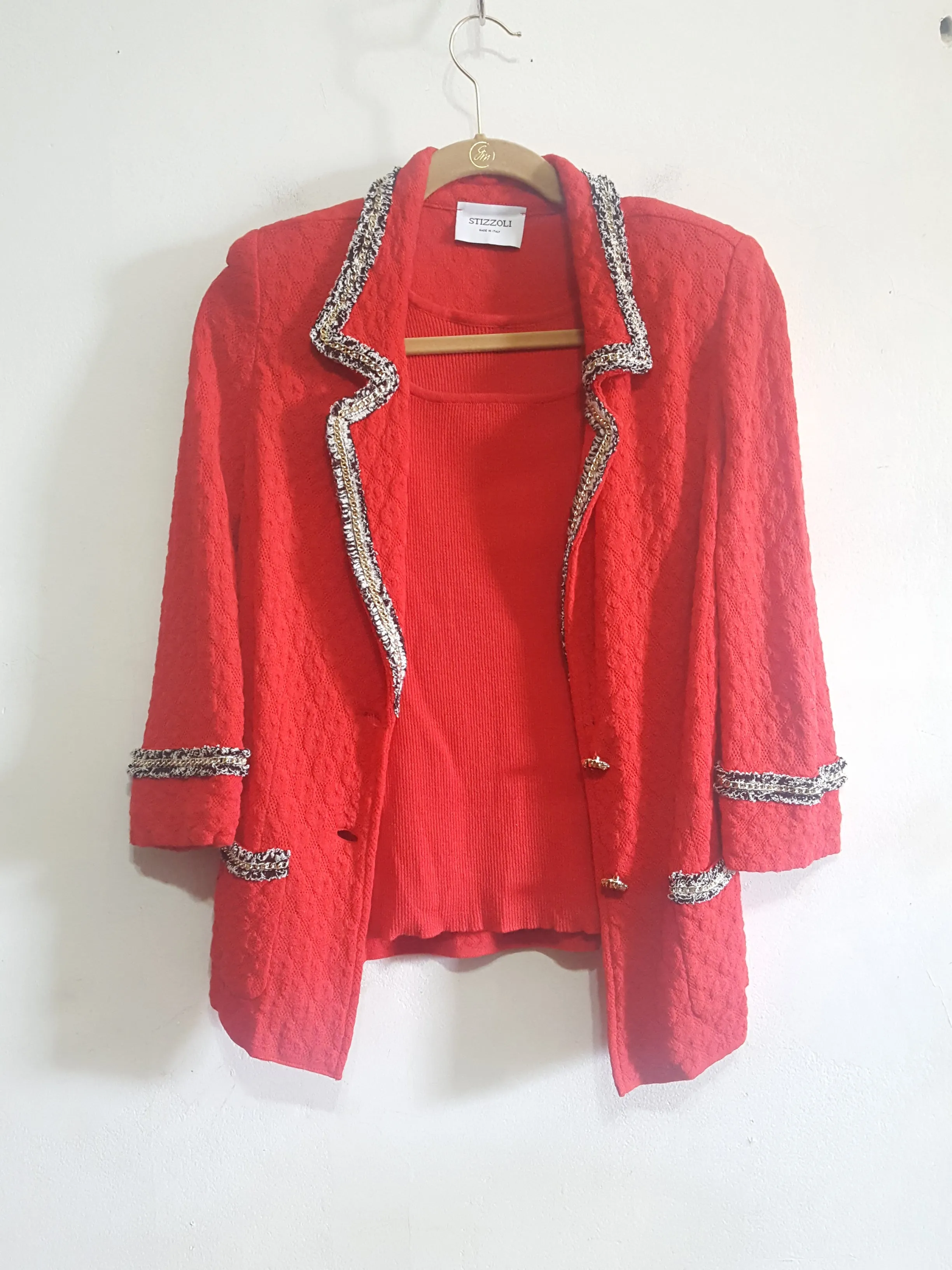 STIZZOLI Knit Pique Blazer Twin Set with Gold Chain Boucle Trimming Size