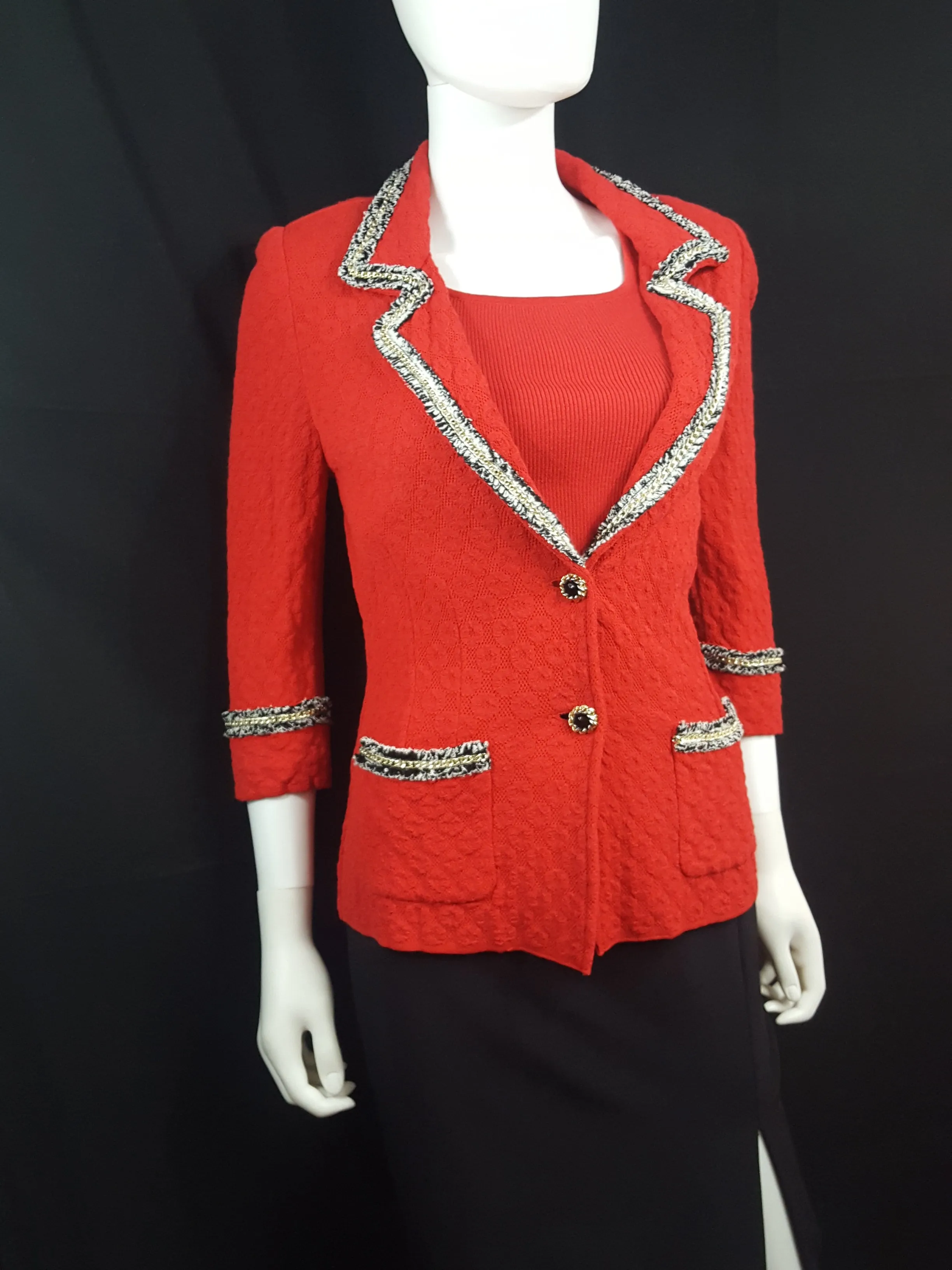 STIZZOLI Knit Pique Blazer Twin Set with Gold Chain Boucle Trimming Size