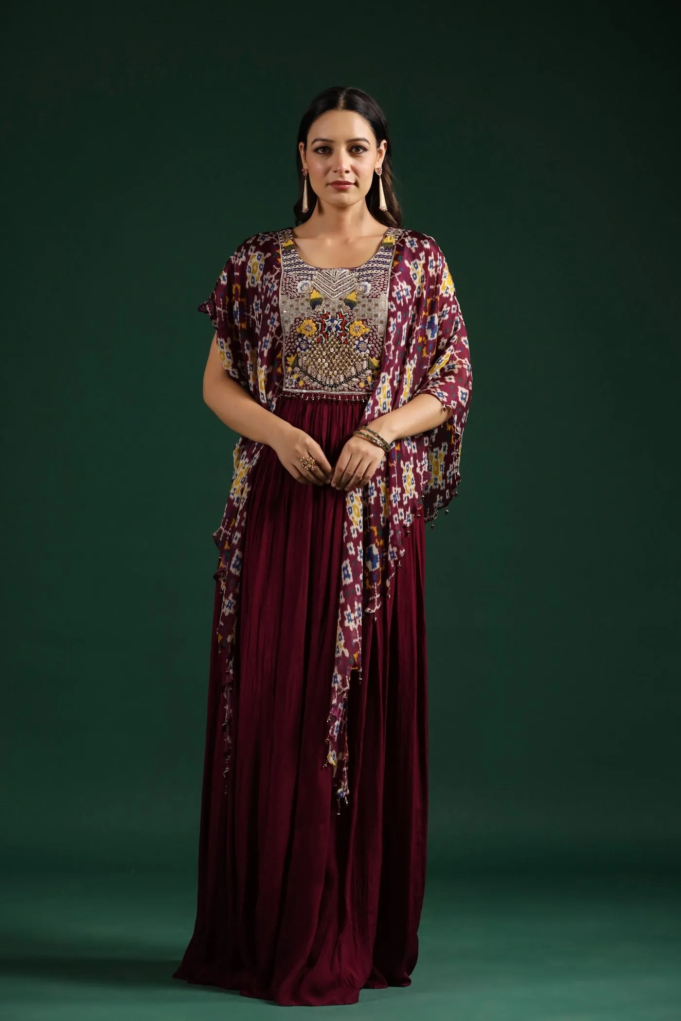 Wine Chinnon Silk Kaftan Style Gown