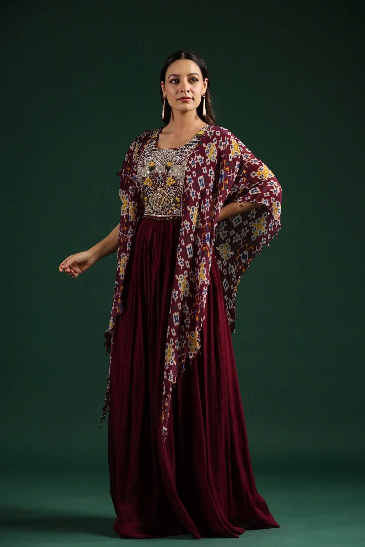 Wine Chinnon Silk Kaftan Style Gown