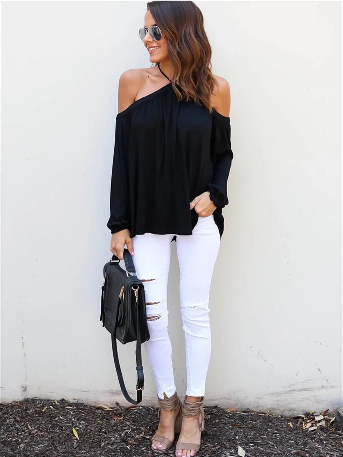 Women's Black Halter Off-Shoulder Tunic