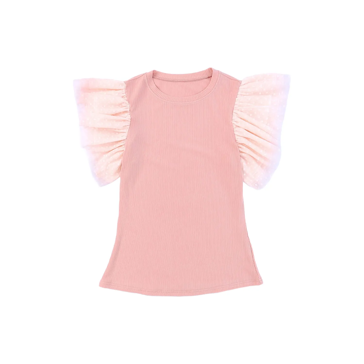 Women's Ribbed Knit Top with Layered Ruffle Sleeves - Slim Fit-Pink